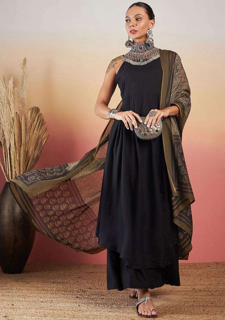 Black Solid Viscose Kurta Set - Indya