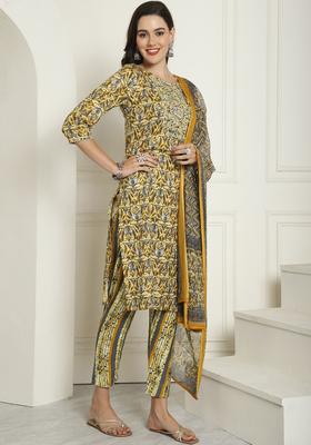 Mustard Printed Viscose Kurta Set