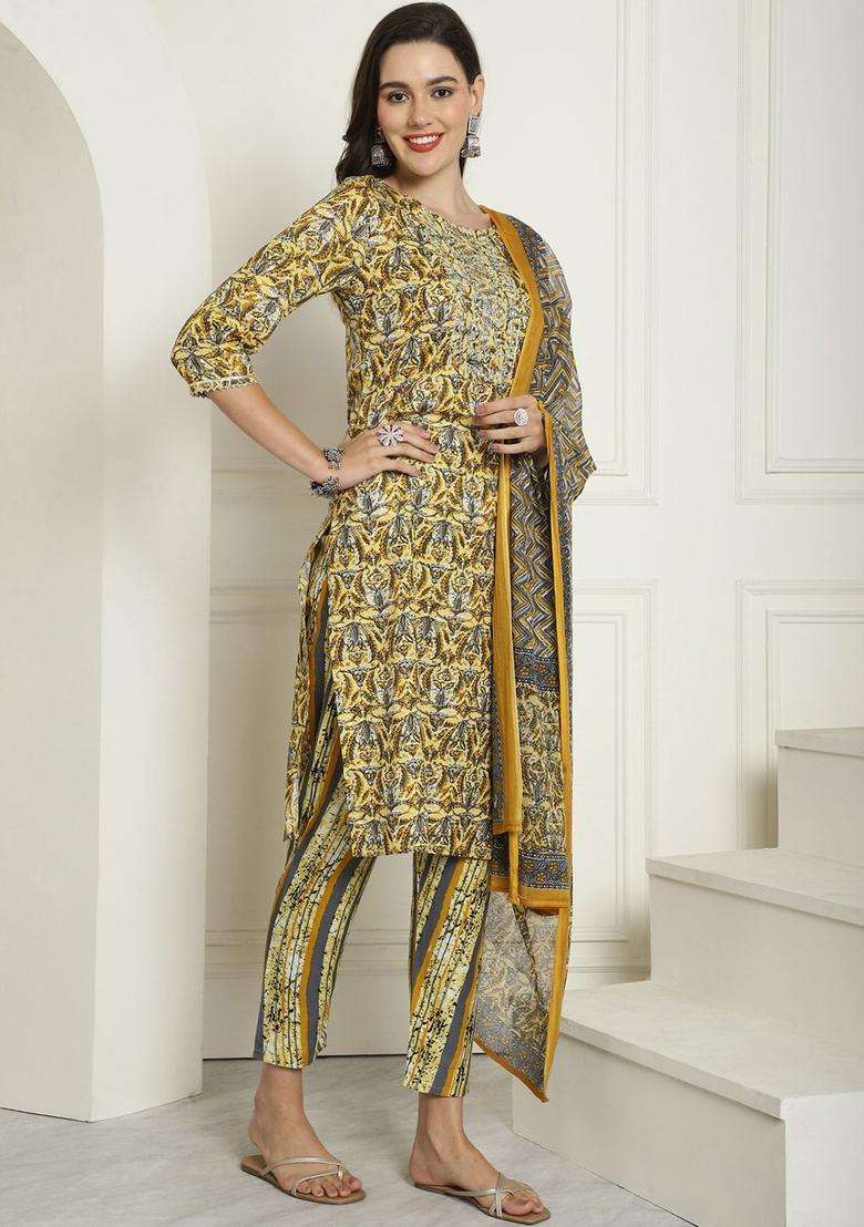 Mustard Printed Viscose Kurta Set - Indya
