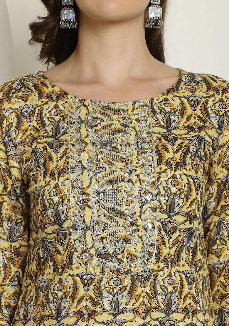 Mustard Printed Viscose Kurta Set - Indya