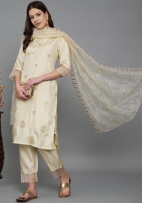Beige Embroidered Silk Kurta Set