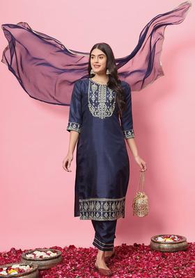 Navy Blue Embroidered Silk Kurta Set