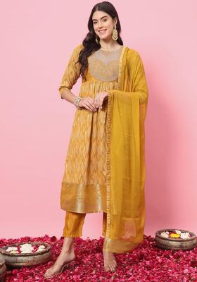 Mustard Embroidered Cotton Kurta Set