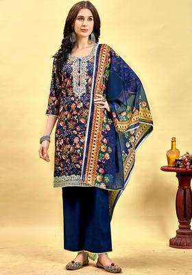 Navy Blue Printed Cotton Kurta Set