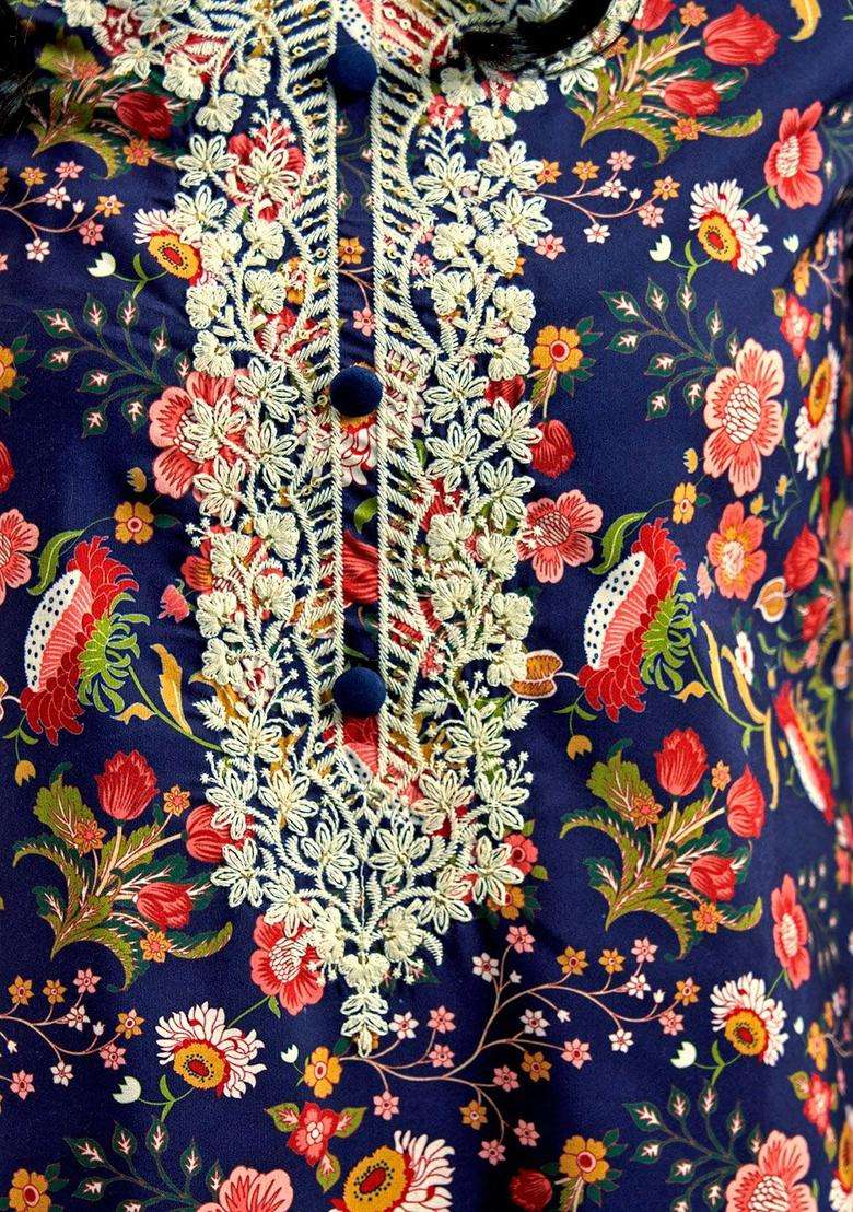 Navy Blue Printed Cotton Kurta Set - Indya