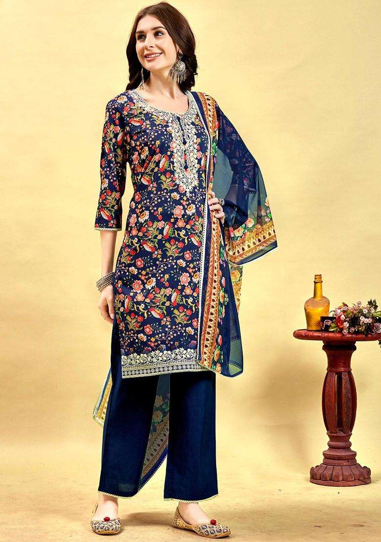 Navy Blue Printed Cotton Kurta Set - Indya