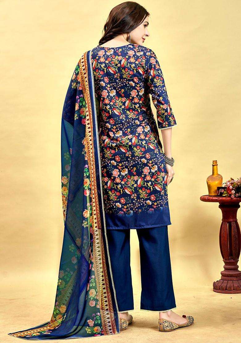 Navy Blue Printed Cotton Kurta Set - Indya