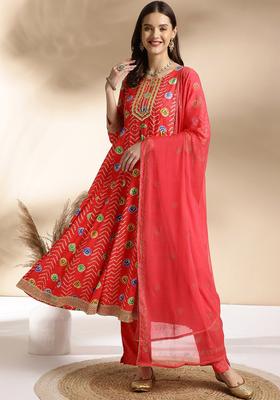 Coral Printed Viscose Anarkali Set