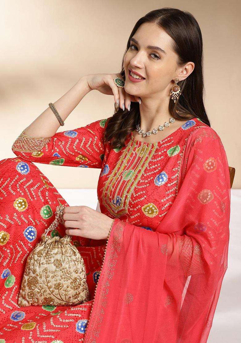 Coral Printed Viscose Anarkali Set - Indya