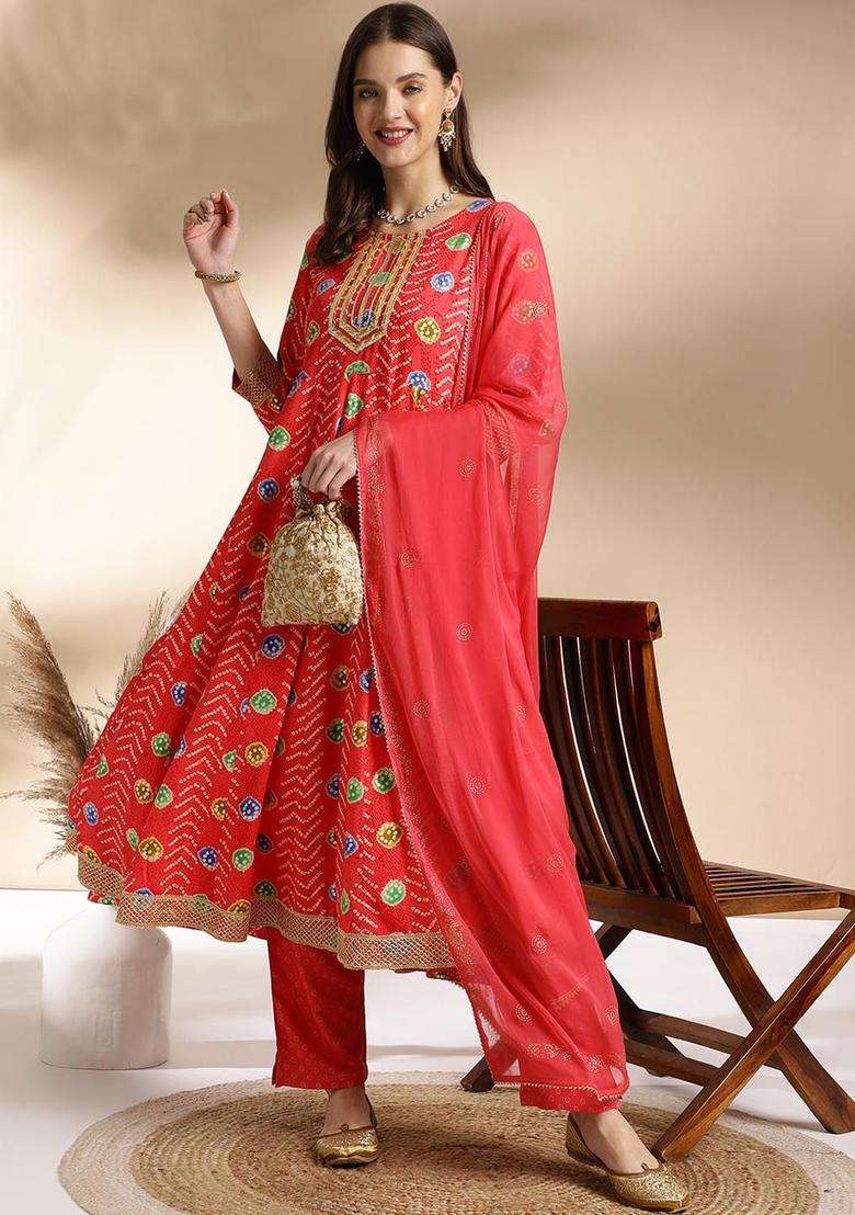Coral Printed Viscose Anarkali Set - Indya