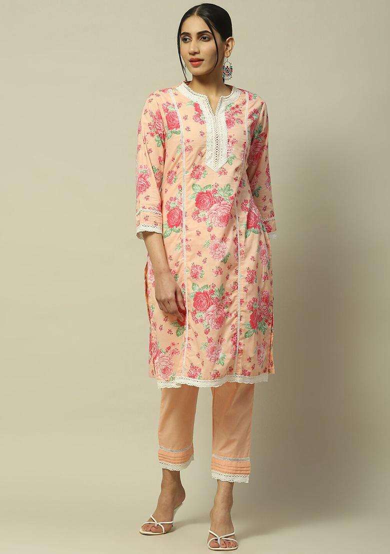Pink Printed Cotton Kurta Set - Indya