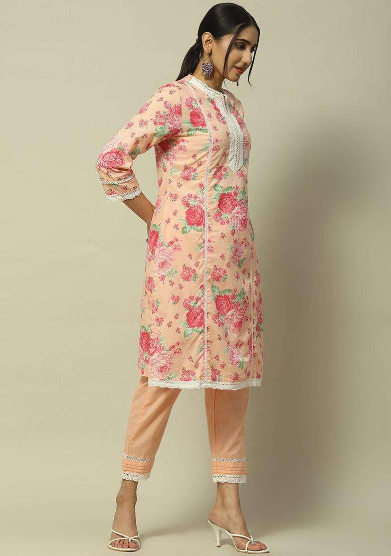 Pink Printed Cotton Kurta Set - Indya
