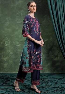 Navy Blue Printed Polyester Kurta Set