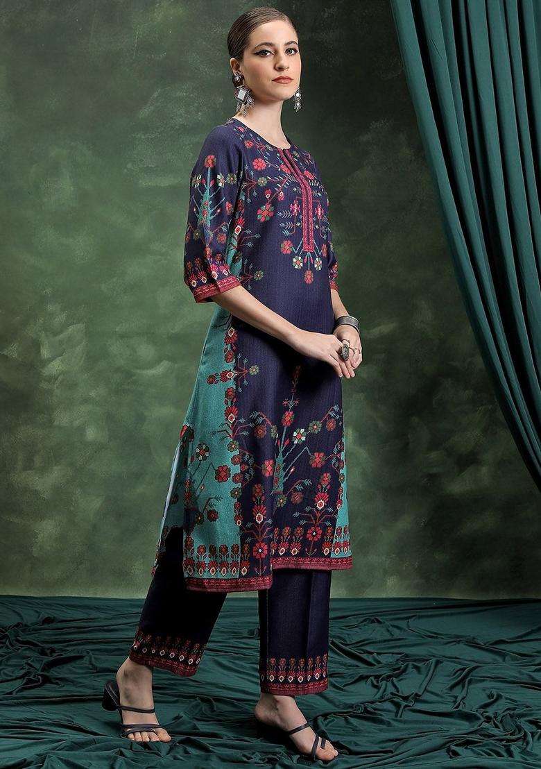 Navy Blue Printed Polyester Kurta Set - Indya