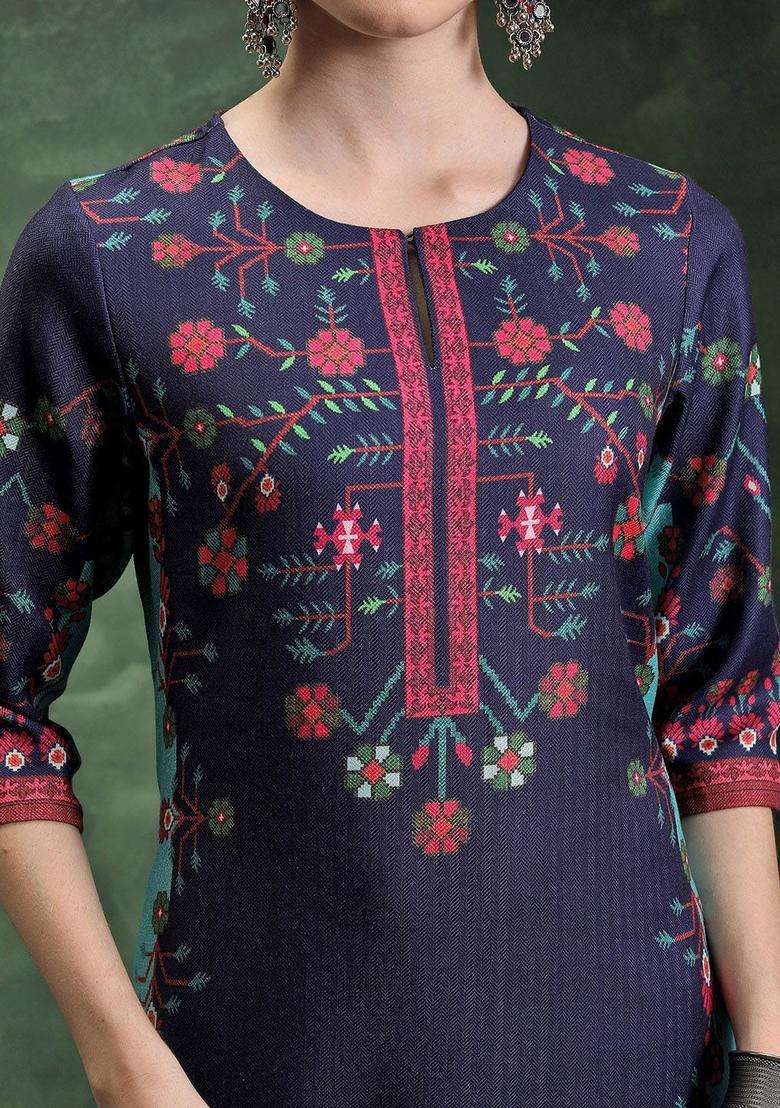 Navy Blue Printed Polyester Kurta Set - Indya