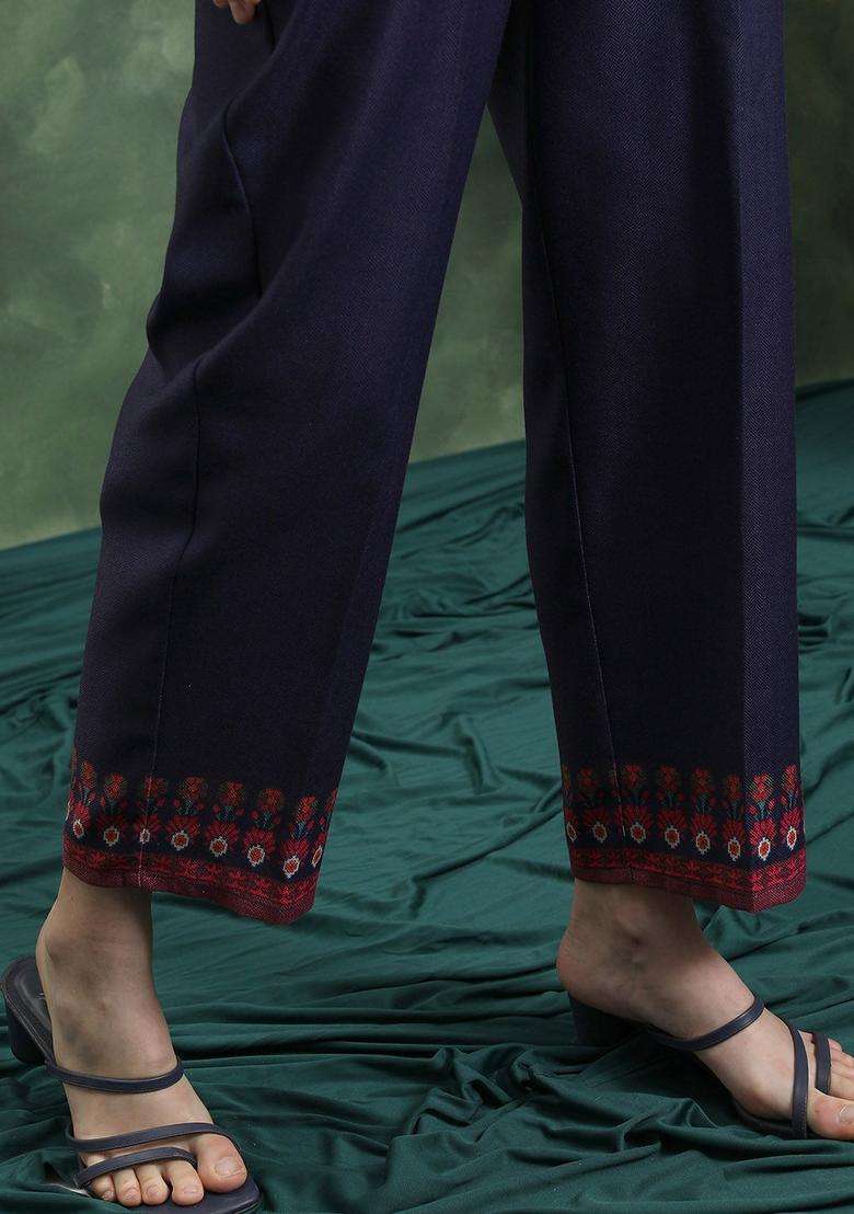 Navy Blue Printed Polyester Kurta Set - Indya