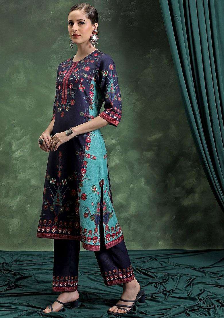 Navy Blue Printed Polyester Kurta Set - Indya