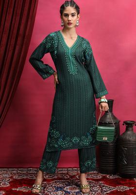 Green Printed Polyester Kurta Set