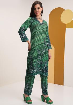 Green Printed Polyester Kurta Set