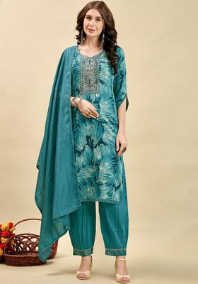 Teal Embroidered Viscose Kurta Set