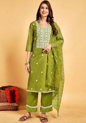 Olive Embroidered Silk Blend Kurta Set