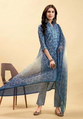 Navy Blue Printed Polyester Kurta Set