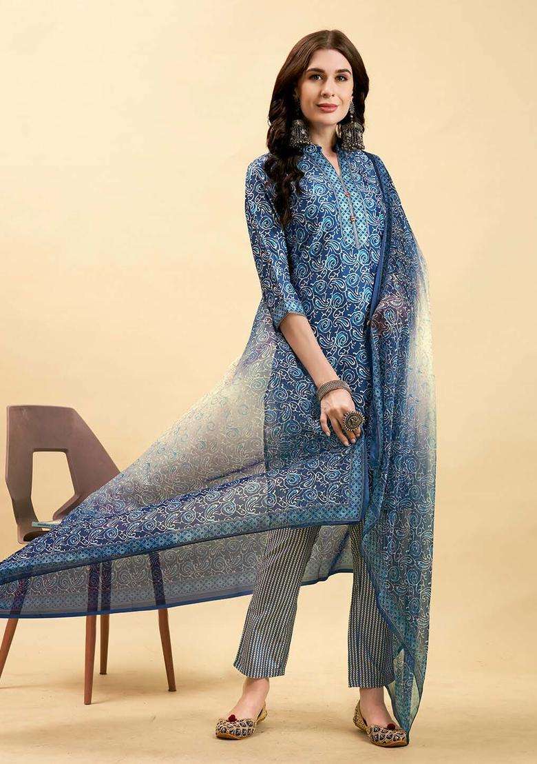 Navy Blue Printed Polyester Kurta Set - Indya