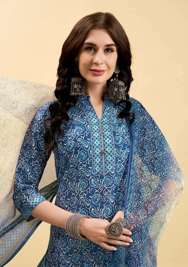 Navy Blue Printed Polyester Kurta Set - Indya