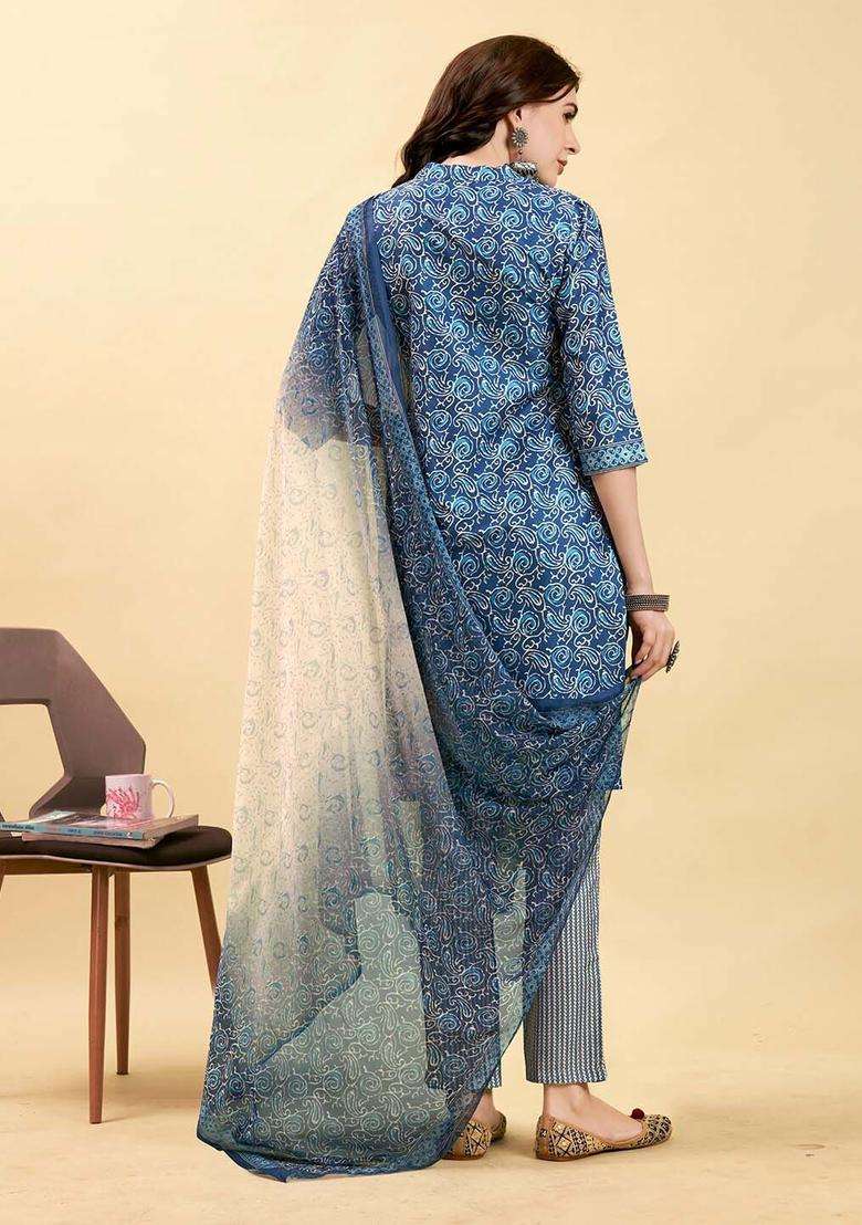 Navy Blue Printed Polyester Kurta Set - Indya