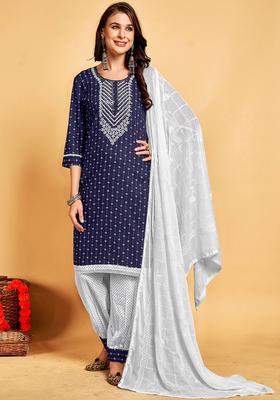 Navy Blue Printed Viscose Kurta Set