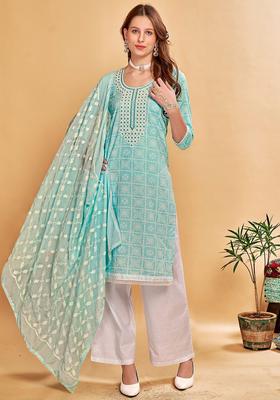 Turquoise Blue Printed Viscose Kurta Set