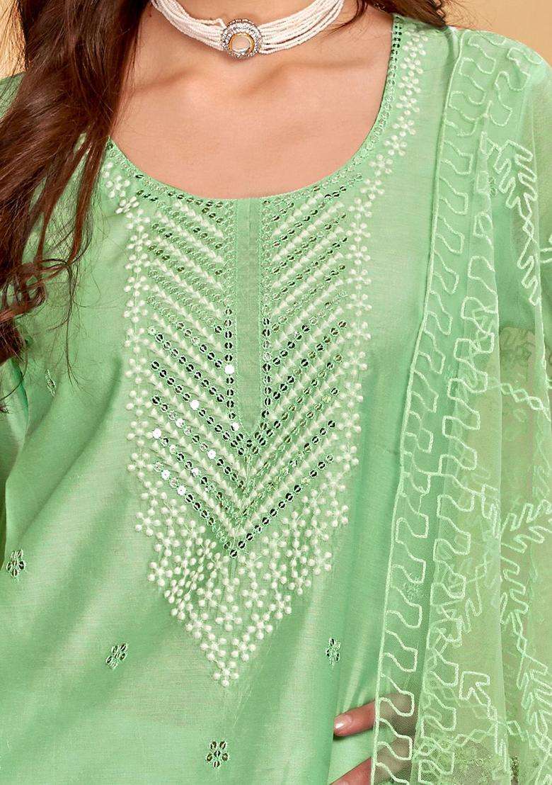 Sea Green Solid Cotton Kurta Set - Indya
