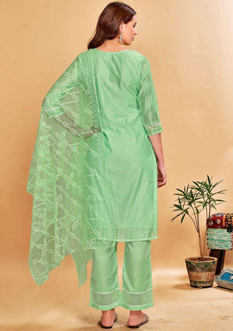 Sea Green Solid Cotton Kurta Set - Indya