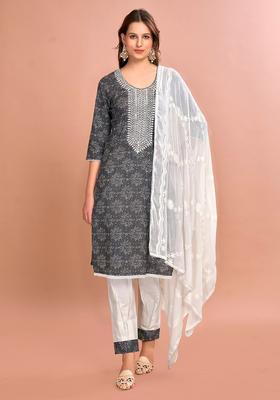 Grey Embroidered Cotton Kurta Set