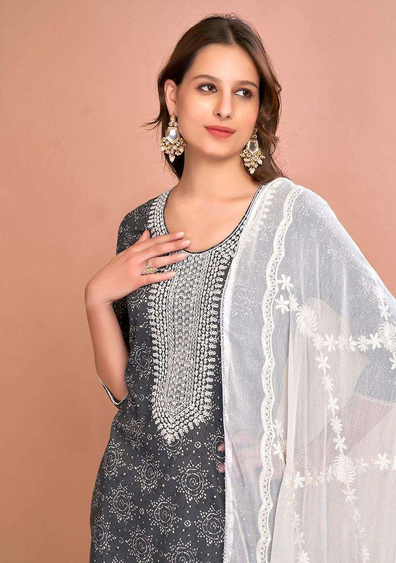 Grey Embroidered Cotton Kurta Set - Indya