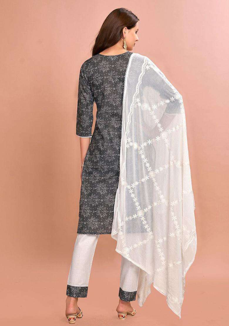 Grey Embroidered Cotton Kurta Set - Indya