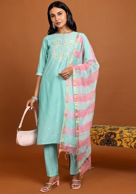 Turquoise Blue Embroidered Polyester Kurta Set