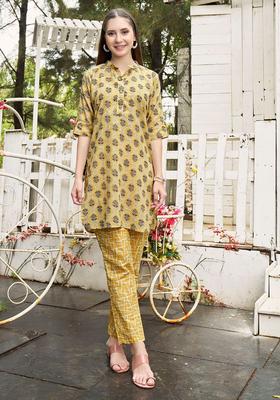 Lime Green Printed Cotton Kurta Set