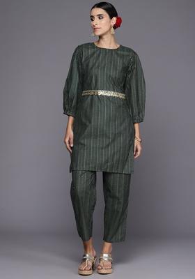 Green Printed Polyester Kurta Set