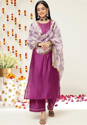 Purple Solid Silk Blend Kurta Set