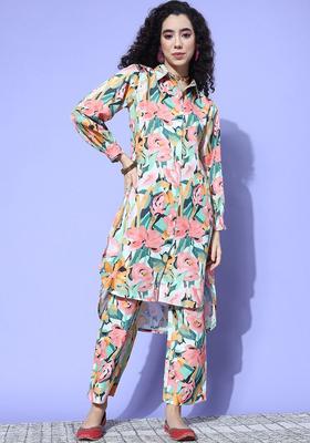 Peach Printed Cotton Kurta Set