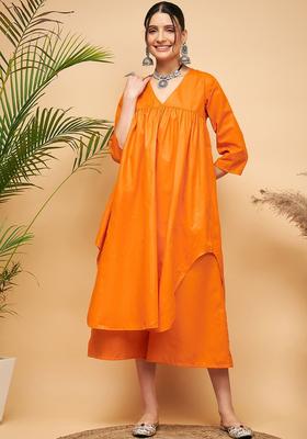 Orange Solid Viscose Kurta Set