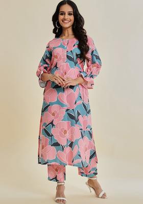 Teal Printed Silk Kurta Set