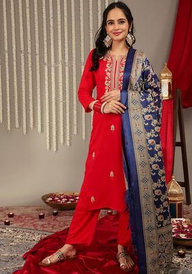 Red Embroidered Viscose Kurta Set