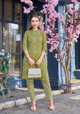 Khaki Printed Cotton Kurta Set