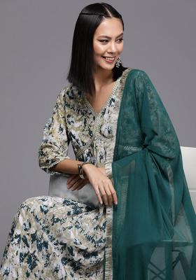 Beige Printed Silk Blend Kurta Set