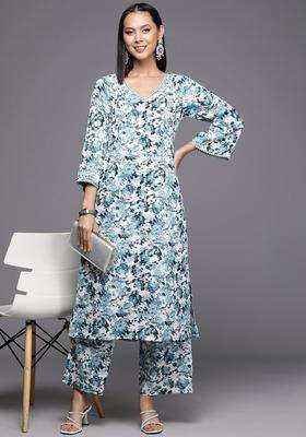 White Printed Silk Blend Kurta Set