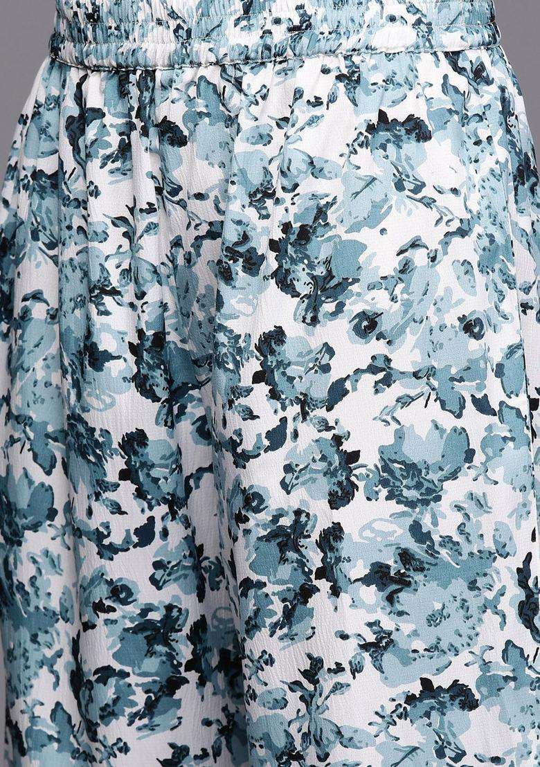 White Printed Silk Blend Kurta Set - Indya