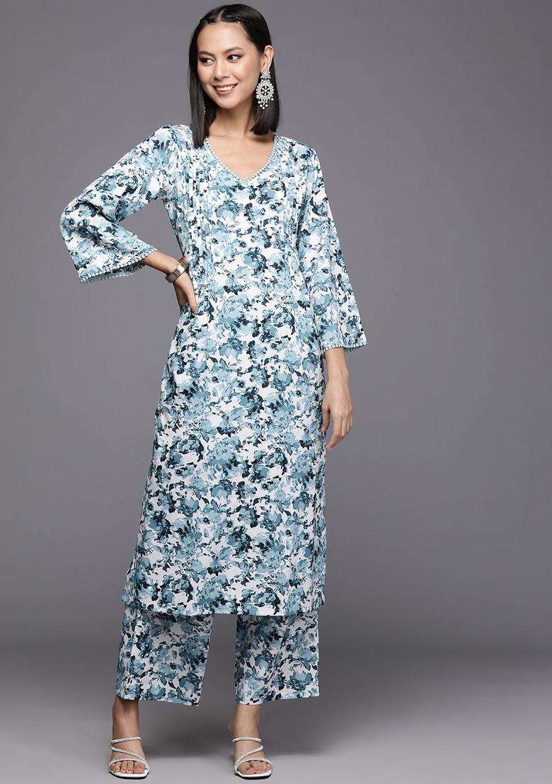 White Printed Silk Blend Kurta Set - Indya