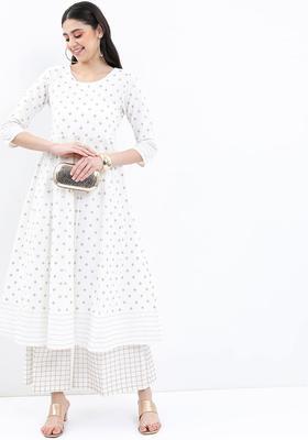 Off White Printed Cotton Kurta Set